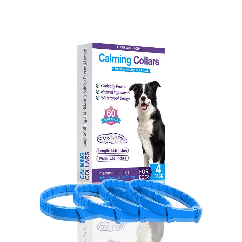 Four dog anxiety relief collars in different colours, showing Chinese style design and TPR material.