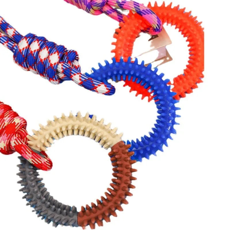43 cm long braided rope dog chew toy with multiple knots in Blue, Red, and Rose Red colour options