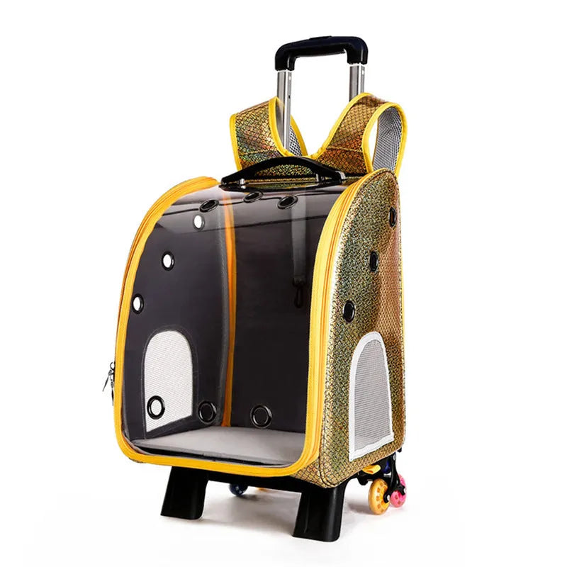 Transparent foldable pet trolley bag for small dogs and cats with shoulder carrying strap