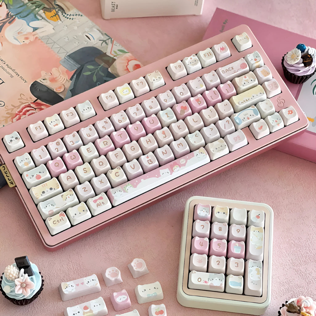 Meow Meow Team themed 141-piece plastic keycap set for MX mechanical keyboards with five-sided sublimation printing.