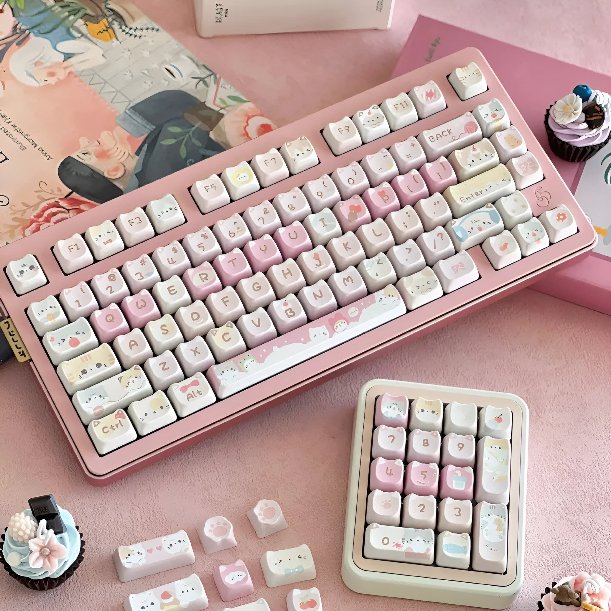 Meow Meow Team themed 141-piece plastic keycap set for MX mechanical keyboards with five-sided sublimation printing.