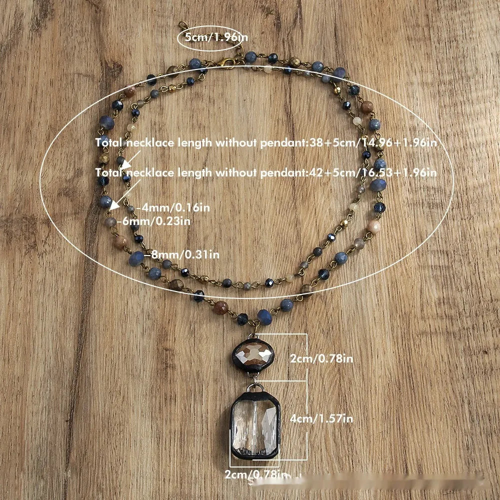 Retro tribal style 2-layer necklace with natural stone and glass pendants in beige or blue colour