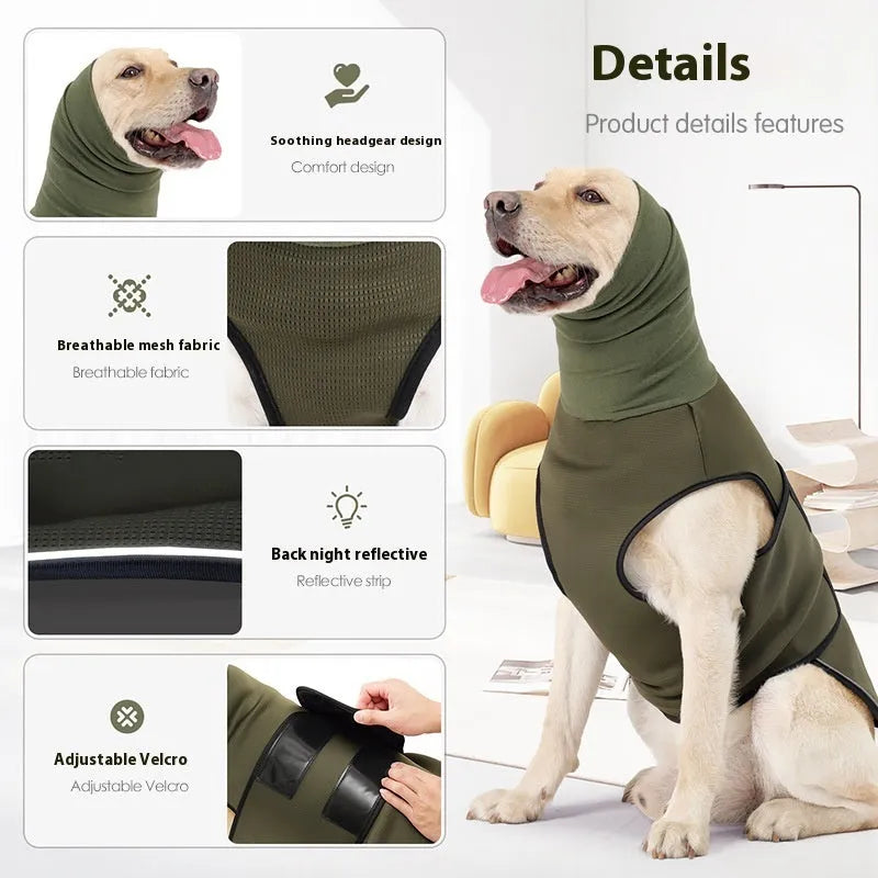 Army green dog anxiety jacket on medium-sized dog showing calming pressure design
