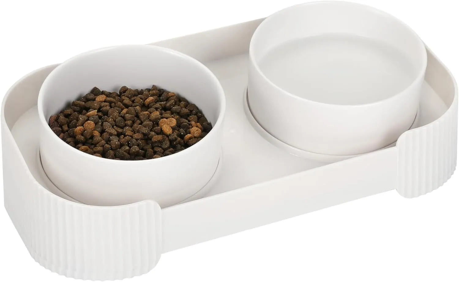 Ceramic elevated cat bowls with 15 degree tilt and non-slip base in green, white or yellow