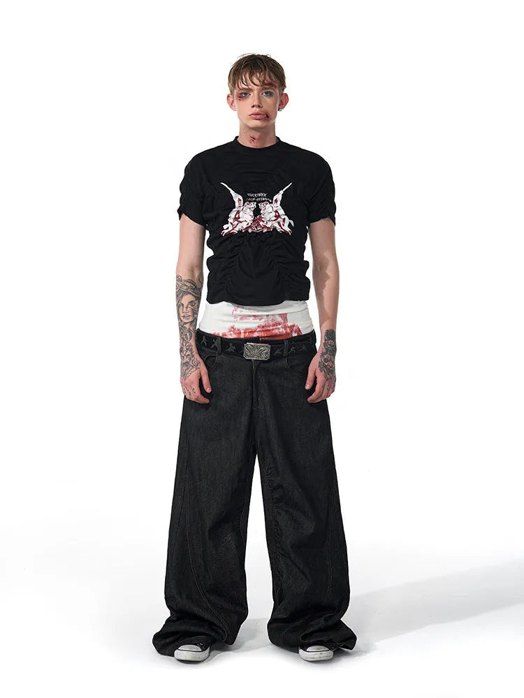 Black men's slim fit printed short sleeve T-shirt with round neck on a man.