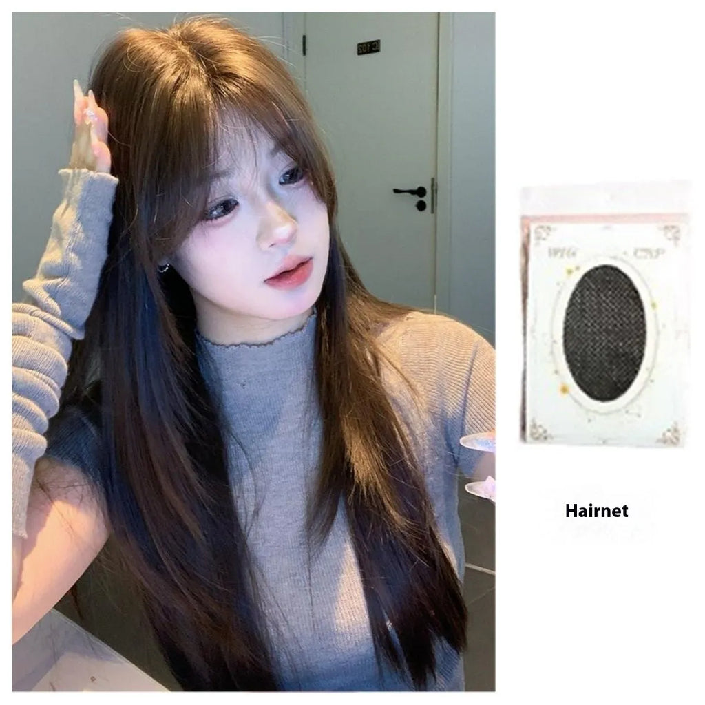 Cold brown long straight layered wig on a stand showing lace front.