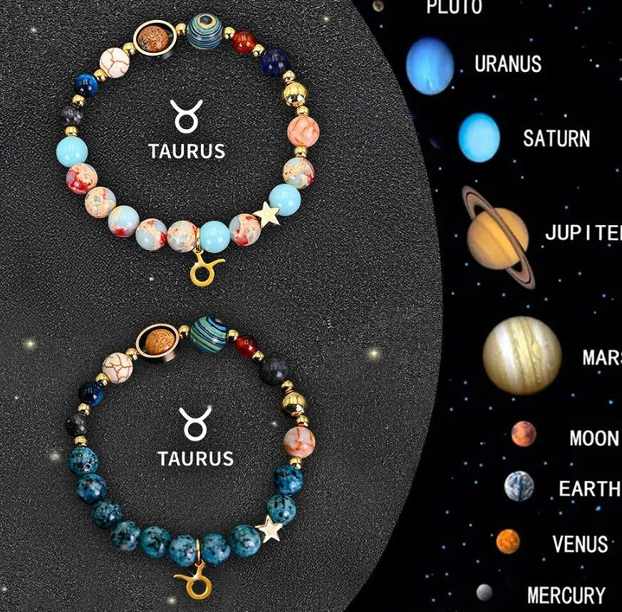 Set of two natural stone beaded bracelets showing zodiac sign charms on a wooden surface.