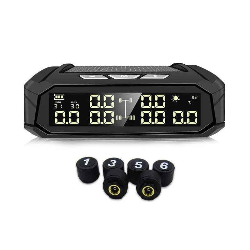 Solar external tyre pressure monitor system for six tyres with colour digital display for trucks and RVs