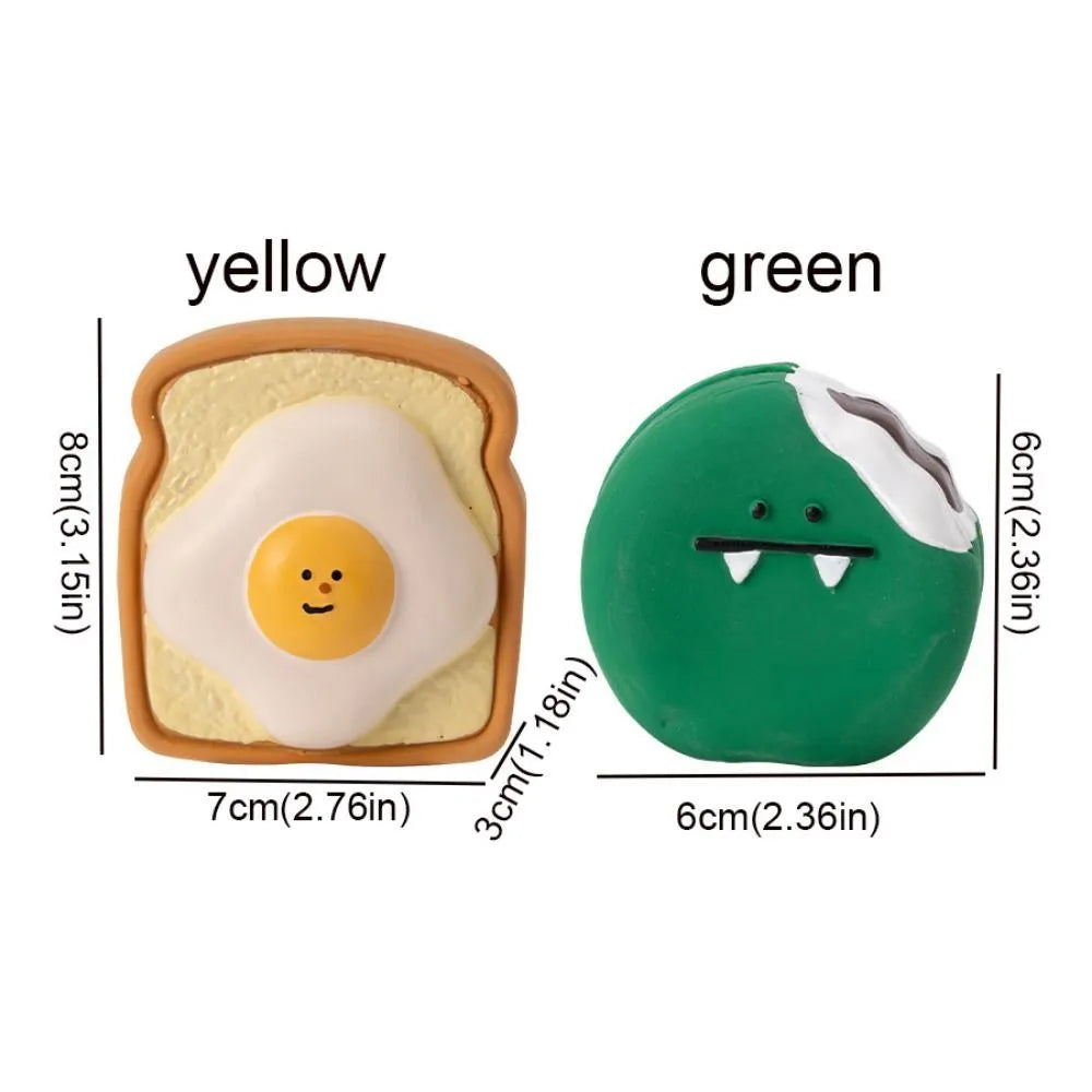 Yellow and green bread-shaped latex dog chew toy with squeaker.