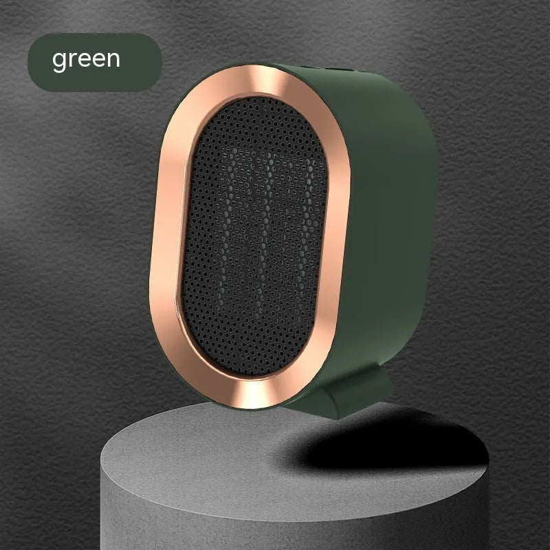 Desktop electric fan heater with a casting shell, showing mechanical dial and available in black, blue, green, or white.