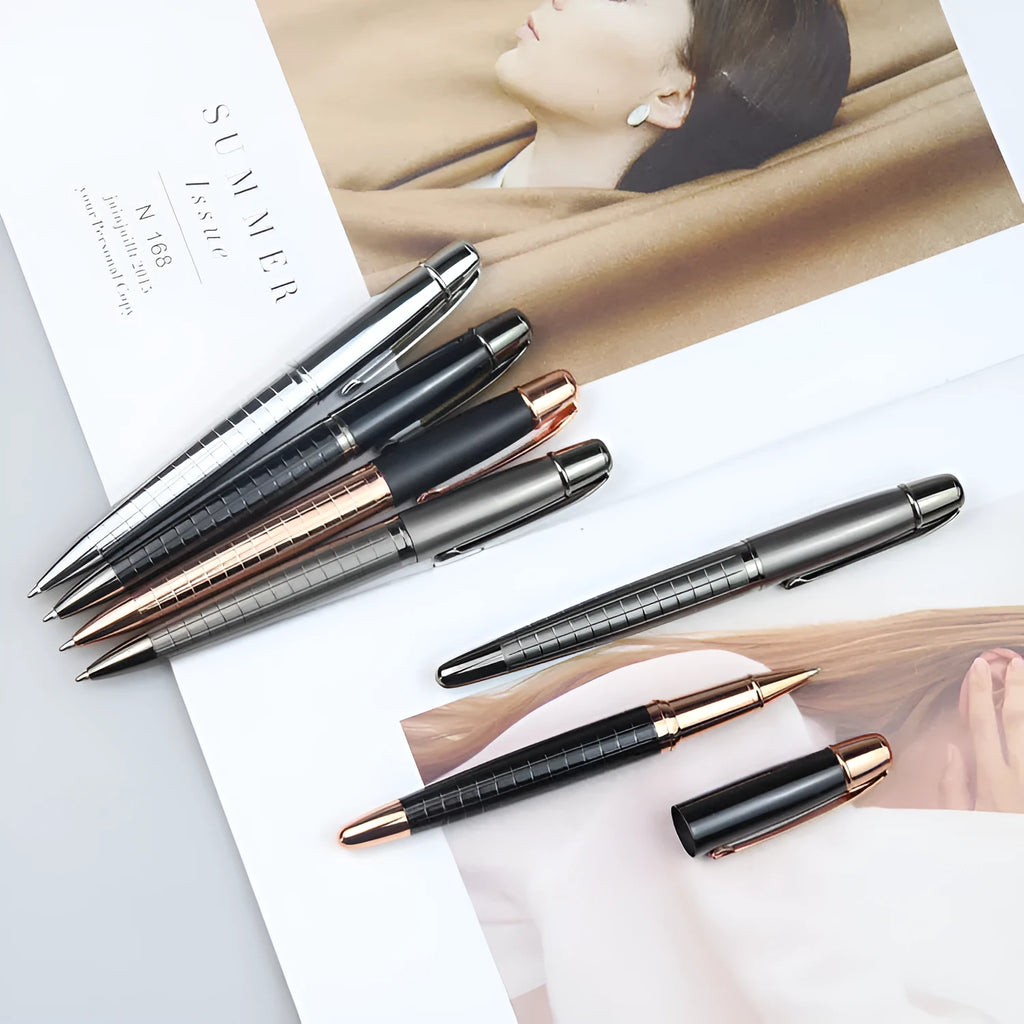 Gun grey metal rollerball pen for business signatures, shown next to a ruler indicating 13.5 cm length.