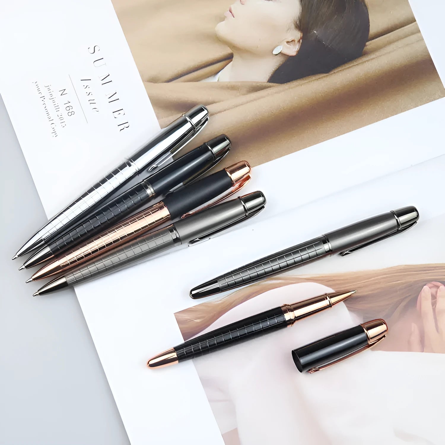 Gun grey metal rollerball pen for business signatures, shown next to a ruler indicating 13.5 cm length.