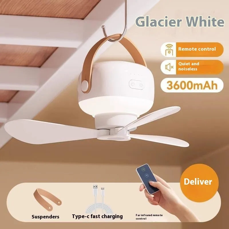 Rechargeable portable ceiling fan with remote control and wire bracket for camping tents
