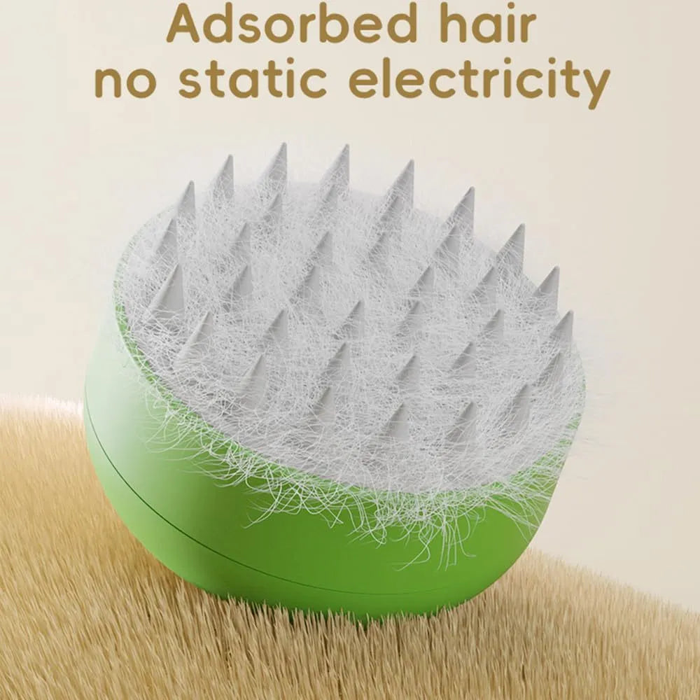 Green rechargeable cat and dog steam brush with soft silicone bristles on a white background.