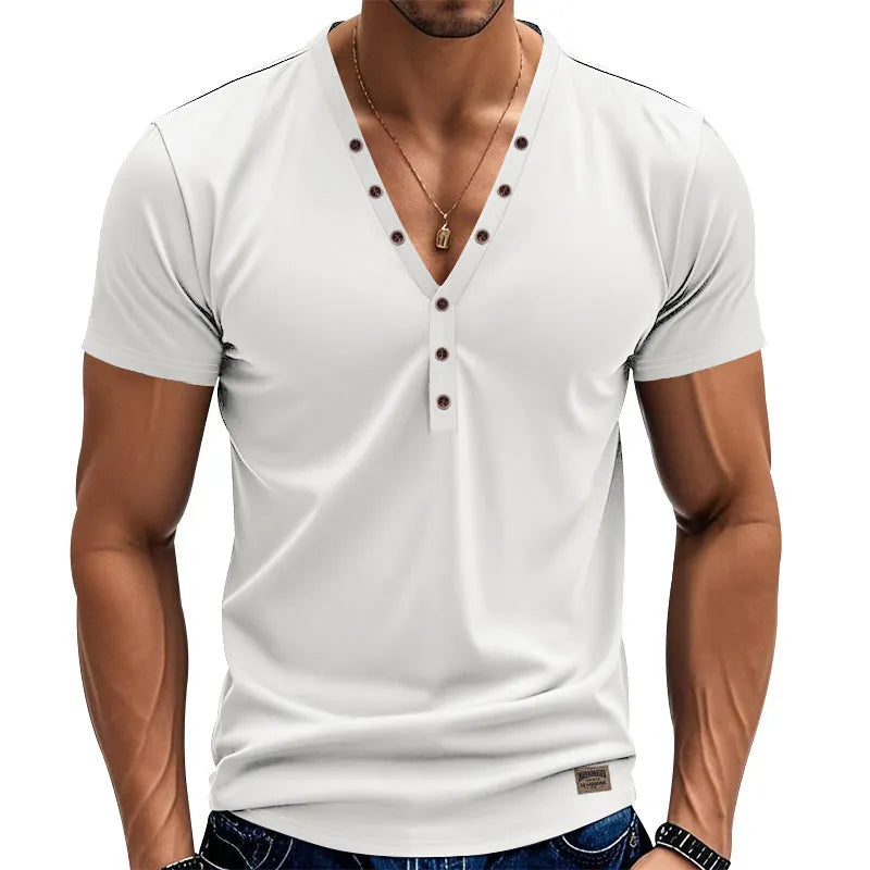 Men's loose thin V-neck pullover top with button design in chemical fibre blend fabric