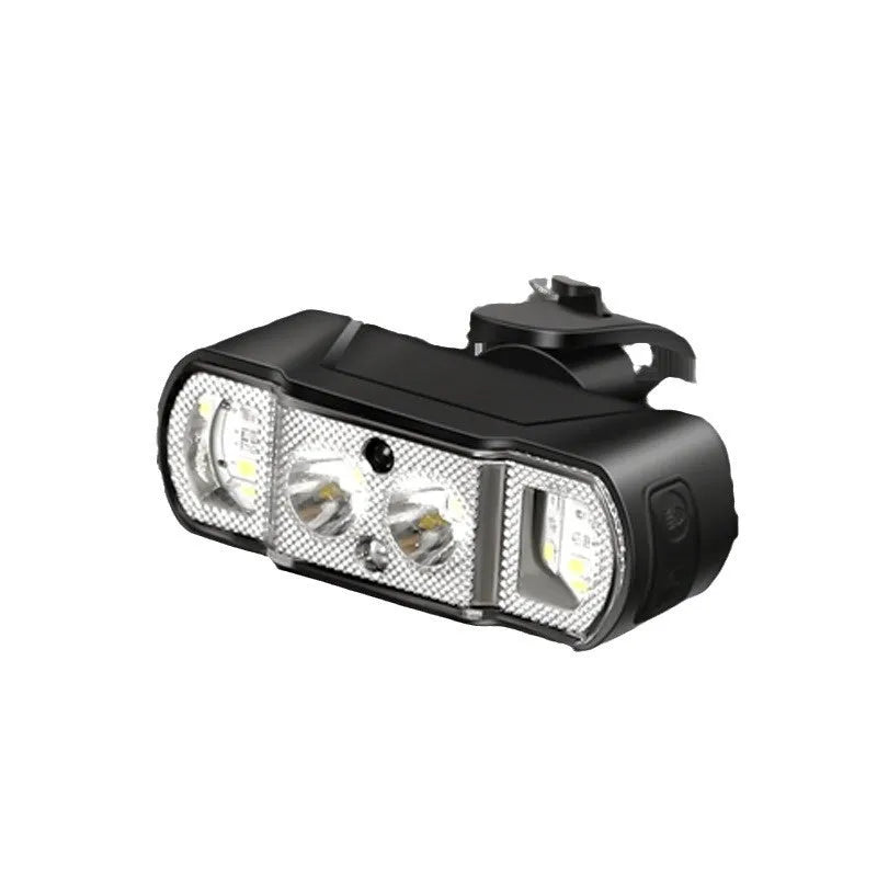 Black bicycle headlight with LED, showing mounting bracket and rechargeable battery.