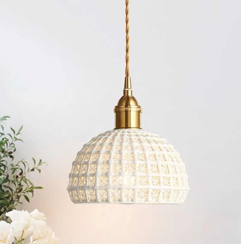 Nordic all-copper single-head brass ceramic pendant light for bedroom and dining room