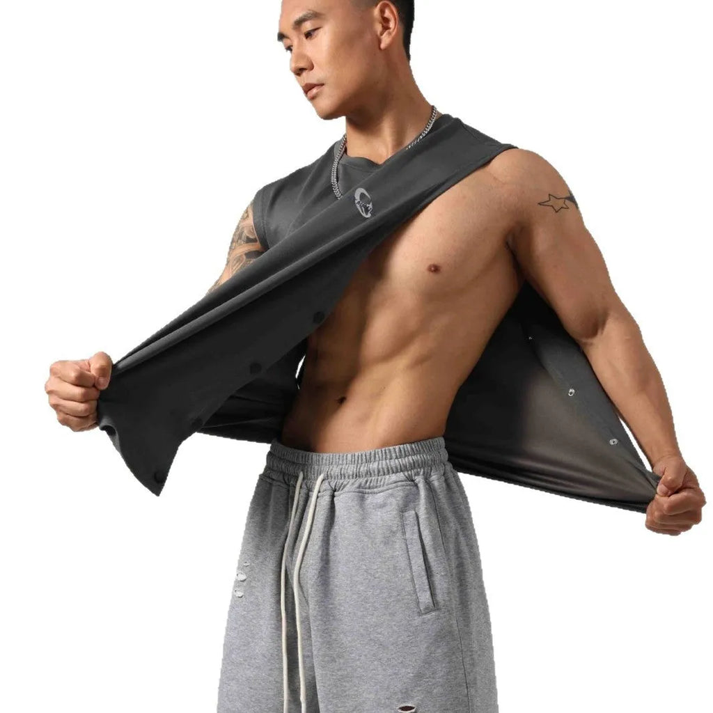 Men's loose cotton fitness vest with hidden hook side openings in black Korean style