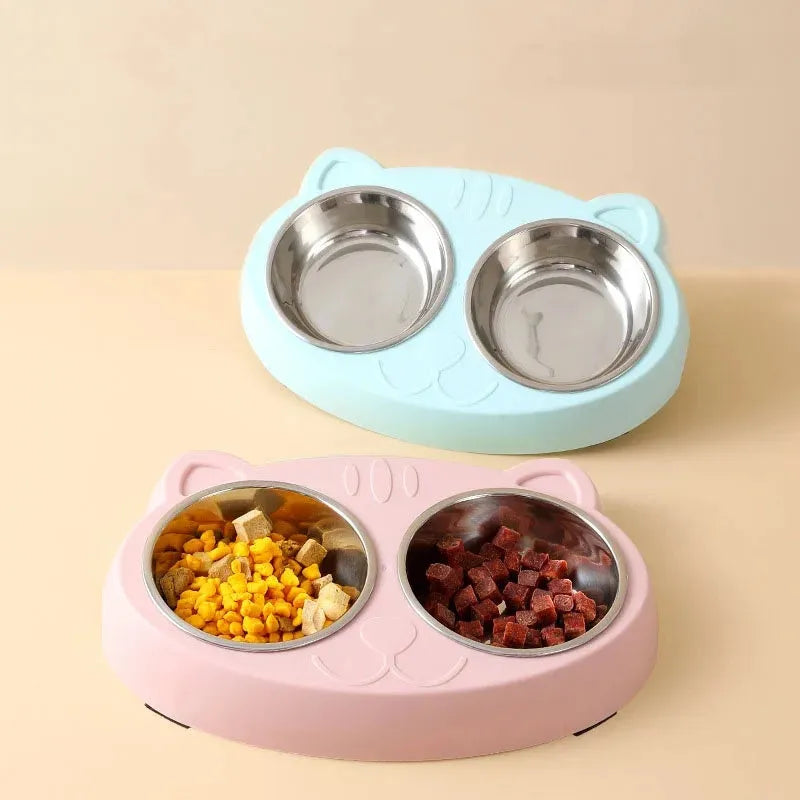 Macaron-style plastic pet feeder with two bowls in blue, green or pink colours