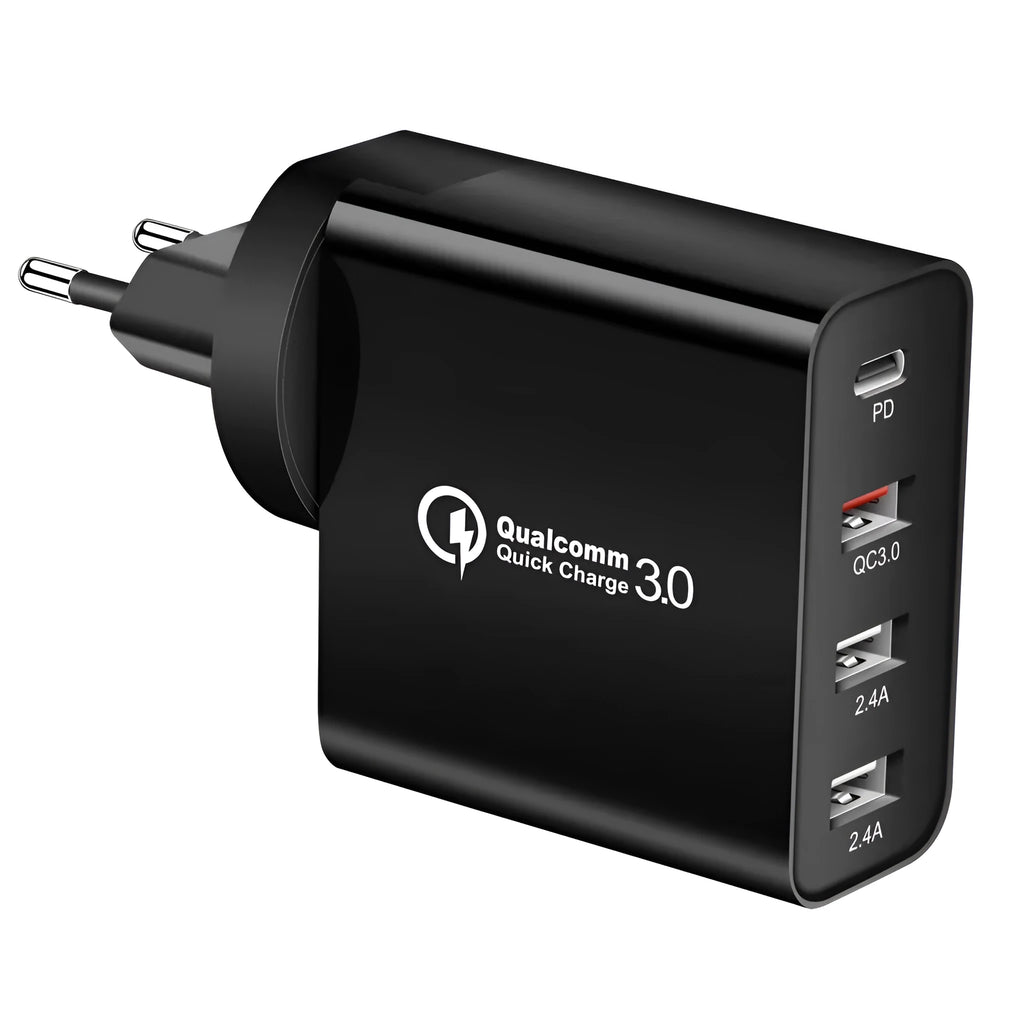 White multi-port USB wall charger with fast charging, showing PD and QC ports.