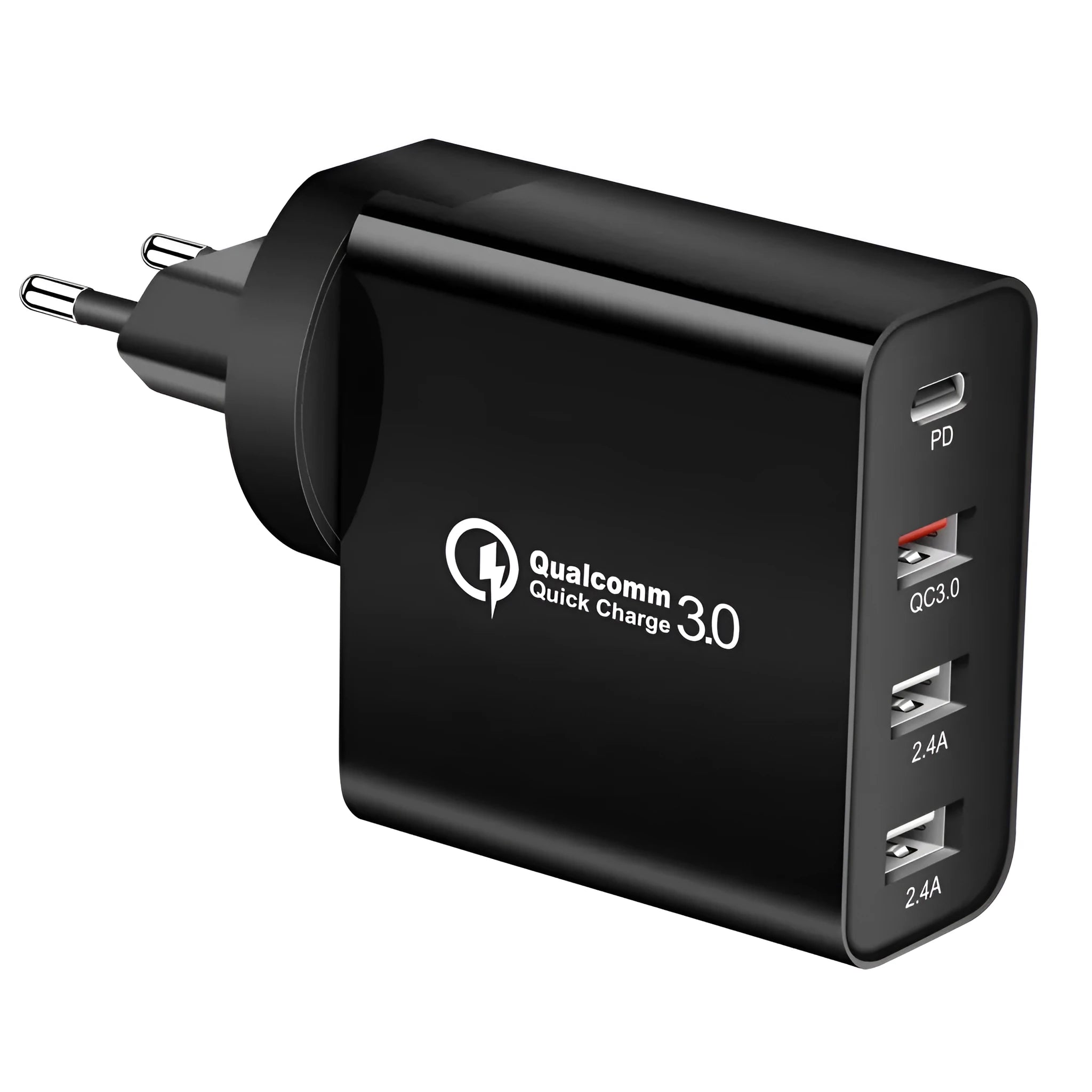 White multi-port USB wall charger with fast charging, showing PD and QC ports.