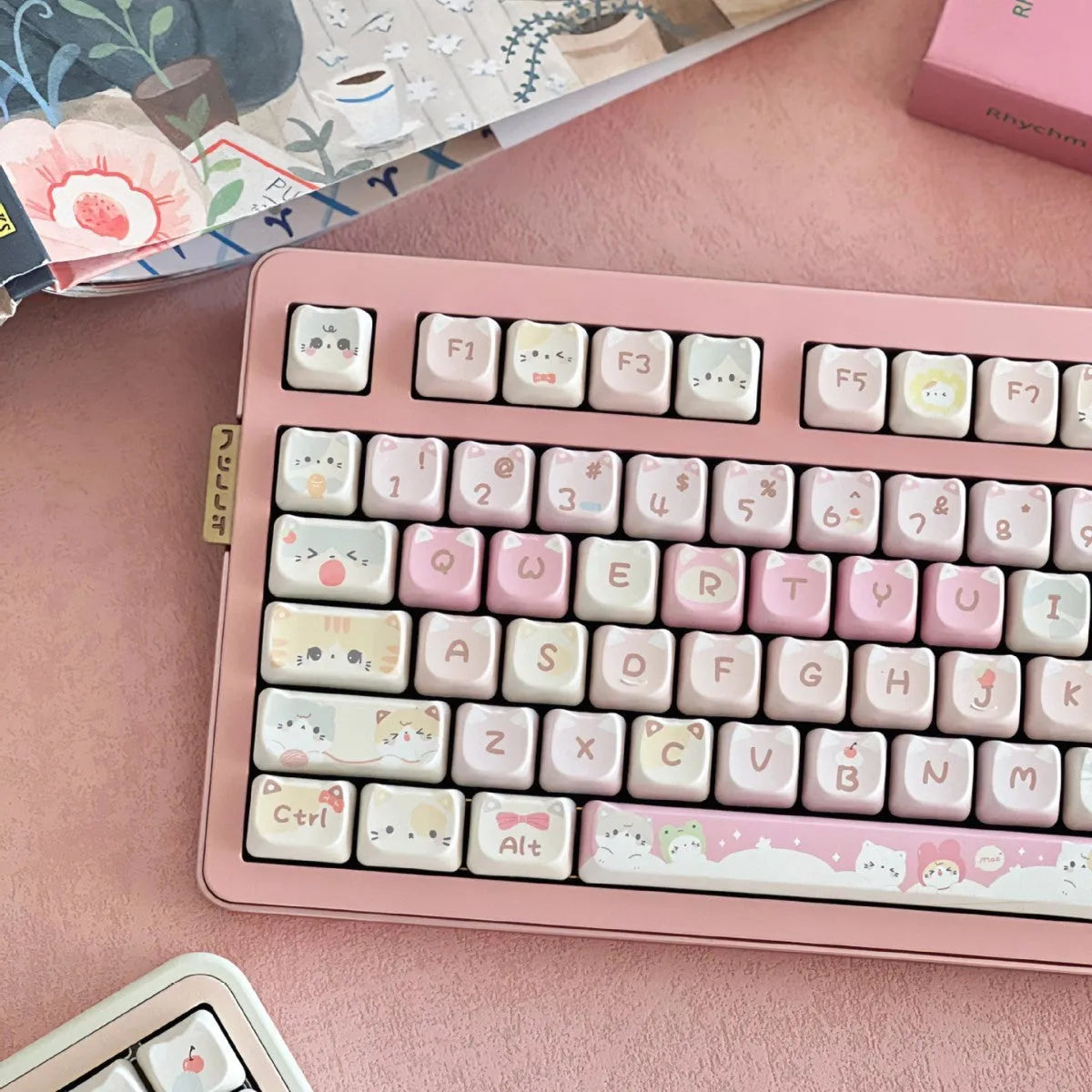 Meow Meow Team themed 141-piece plastic keycap set for MX mechanical keyboards with five-sided sublimation printing.