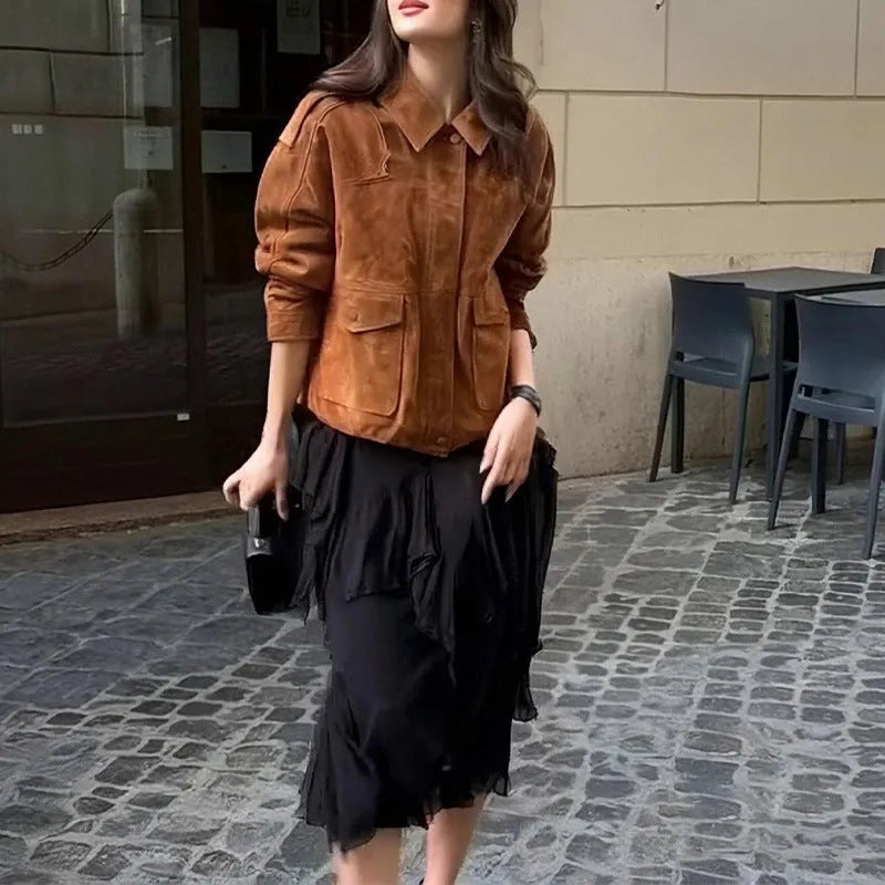 Brown suede-look women's coat with regular sleeves and street chic styling