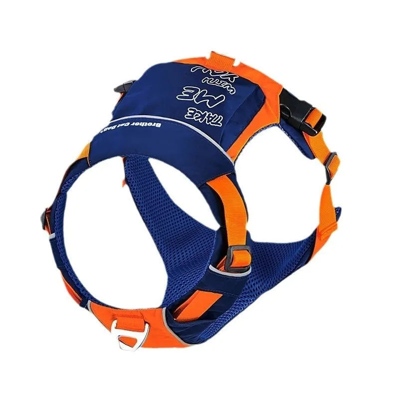 Orange and blue nylon dog chest strap vest harness shown on a model.