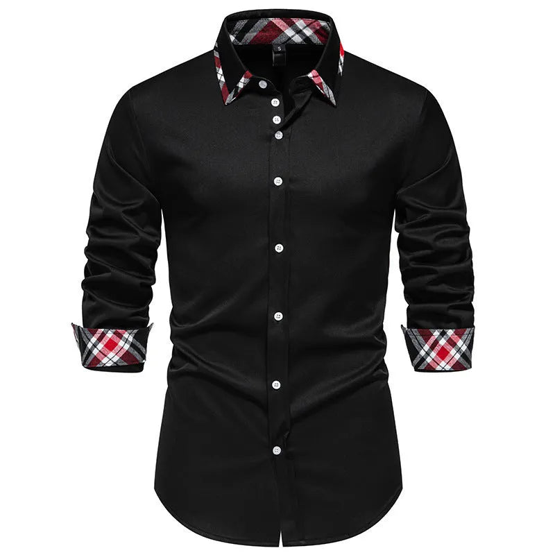 A man's blue plaid long sleeve shirt with a triangle collar on a hanger.