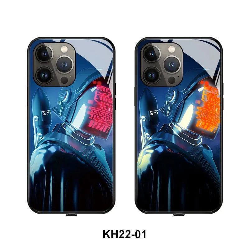 Transparent luminous iPhone case with tempered glass back shown on an iPhone.