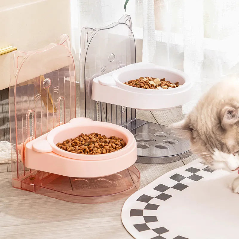 Grey cat feeding bowl with cat ear anti-spill design and removable hanging cage