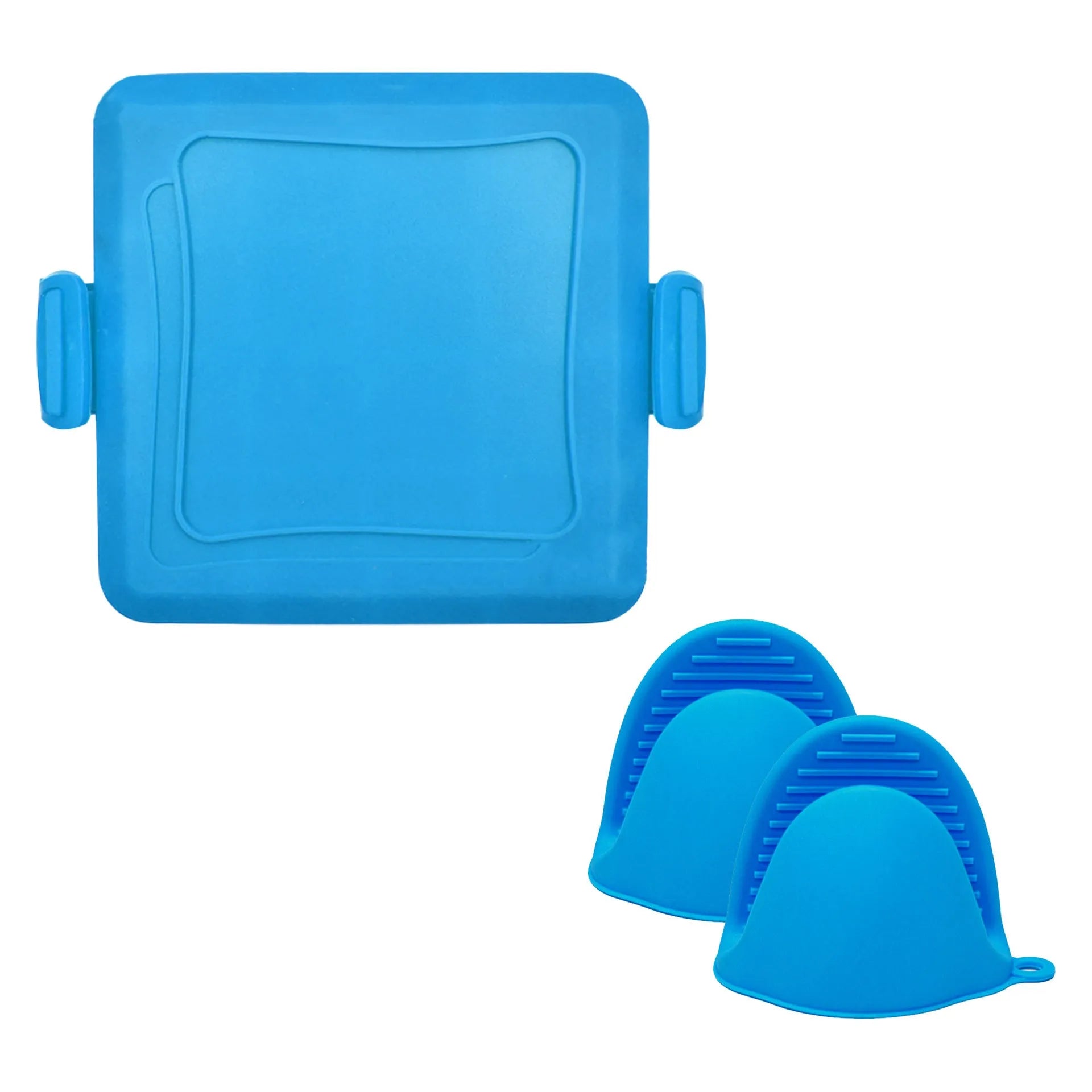 Red silicone baking tray with hand clamp attachment showing anti-scald design