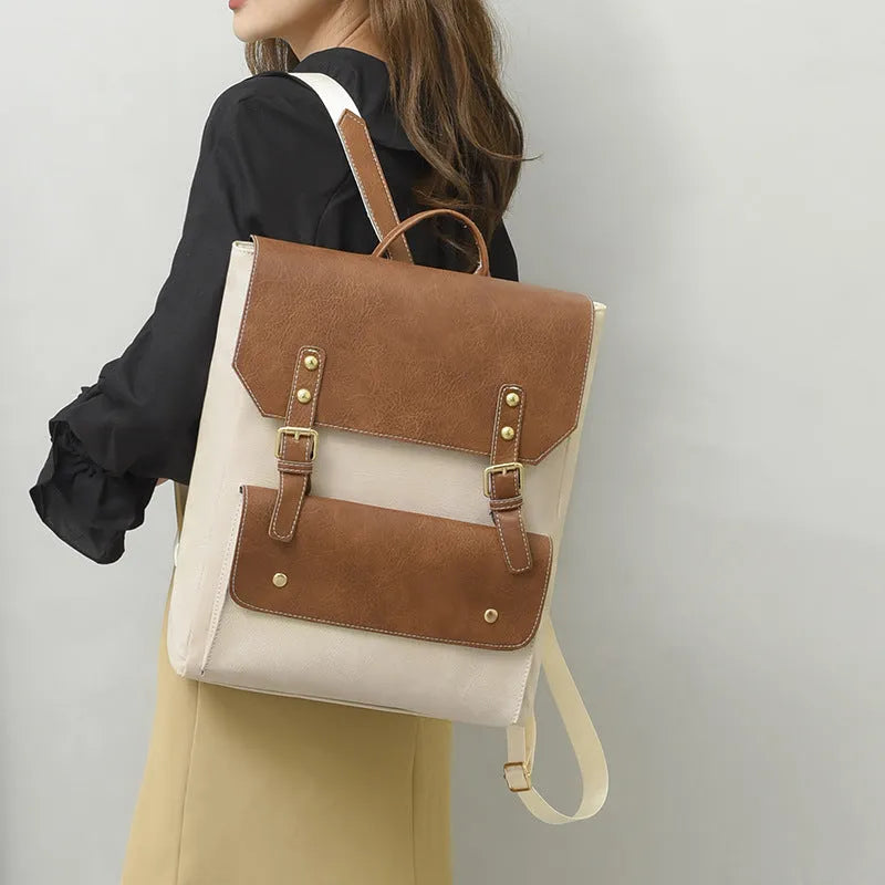 Soft Korean style retro backpack in black, brown, creamy white, or dark brown colours with ventilation features