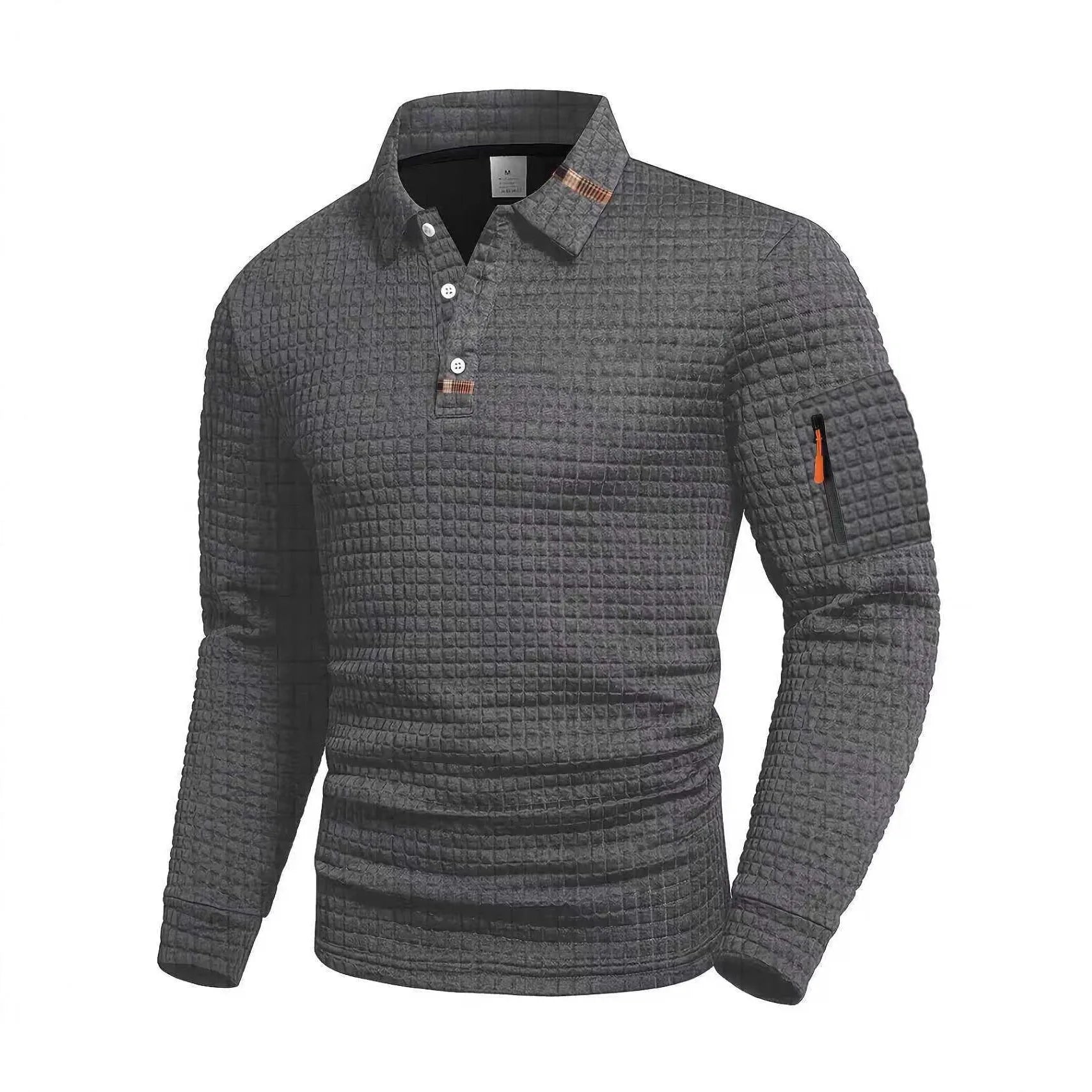 Mens patchwork checkerboard casual sports polo shirt long sleeve polyester blend
