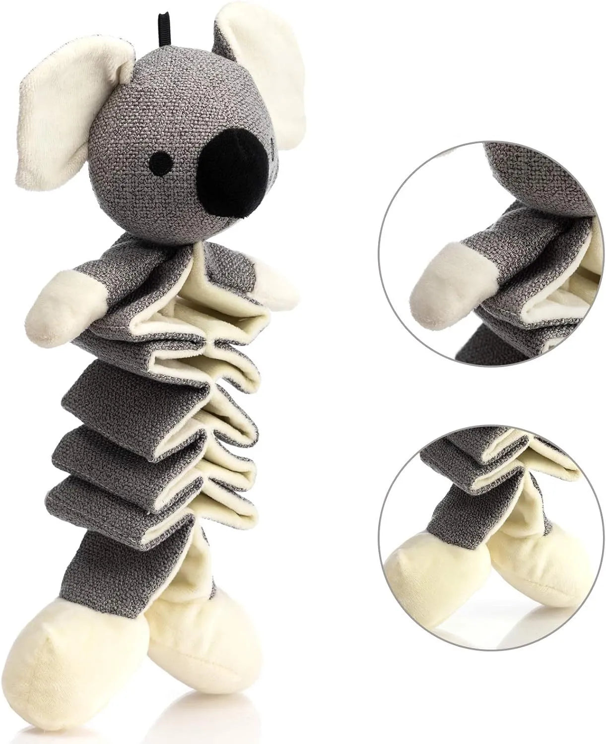 Grey koala plush dog toy measuring 30cm tall with durable cloth material