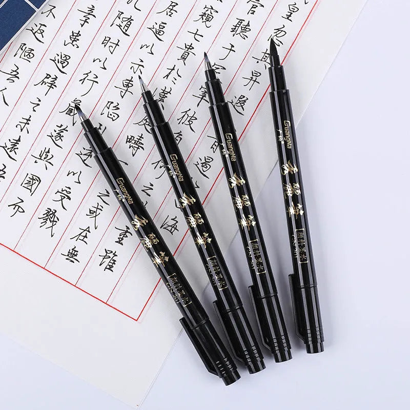Six soft brush calligraphy pens in various nib sizes, plastic barrels, re-inkable design