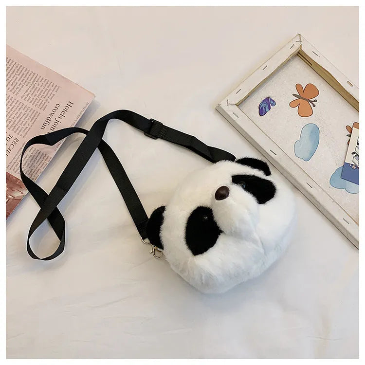 Soft plush panda head crossbody shoulder bag with cylindrical shape and sandwich pockets