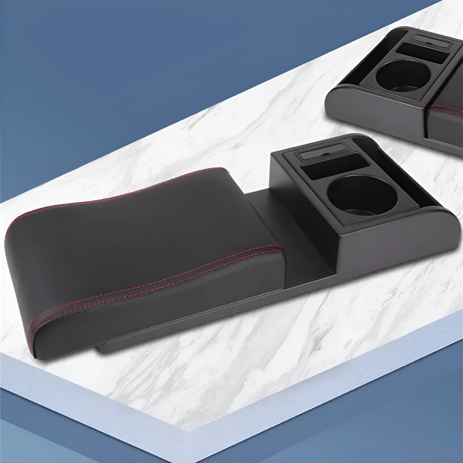 Universal automobile armrest cover with height adjustment in black PU leather finish