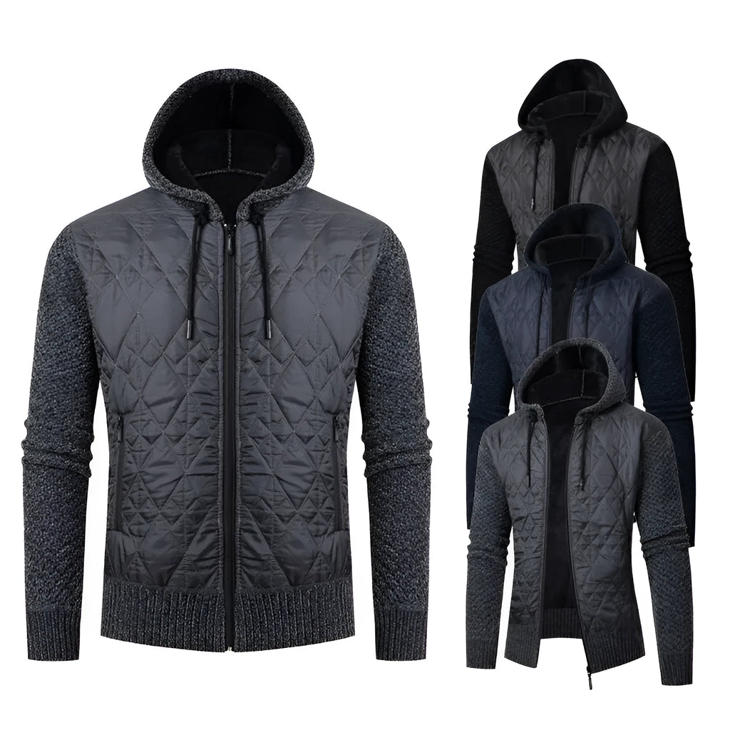 Men's grey hooded sweater coat cardigan with cinched waist and corduroy texture