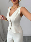 Women's sleeveless vest and high-waisted trousers two-piece set in solid colour