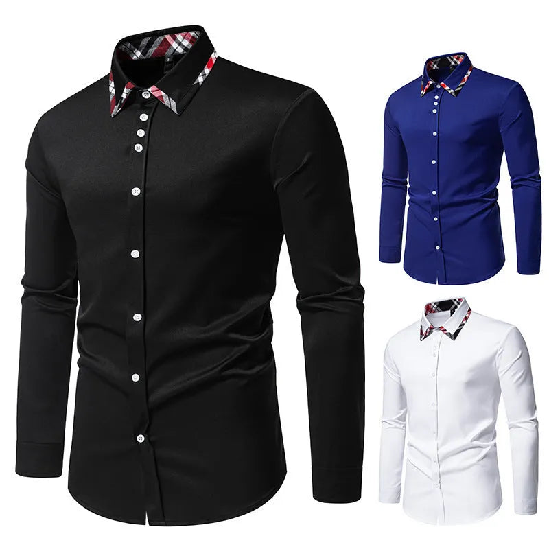 A man's blue plaid long sleeve shirt with a triangle collar on a hanger.