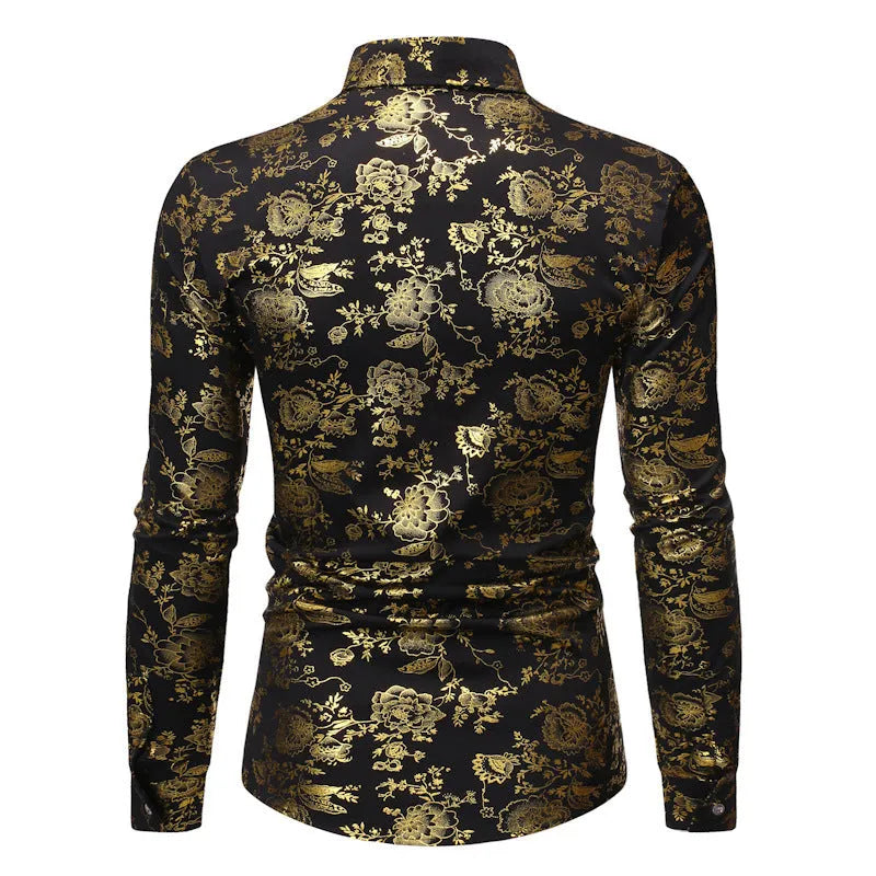 Men's long sleeve lapel cardigan shirt with metallic bronzing print on collar.