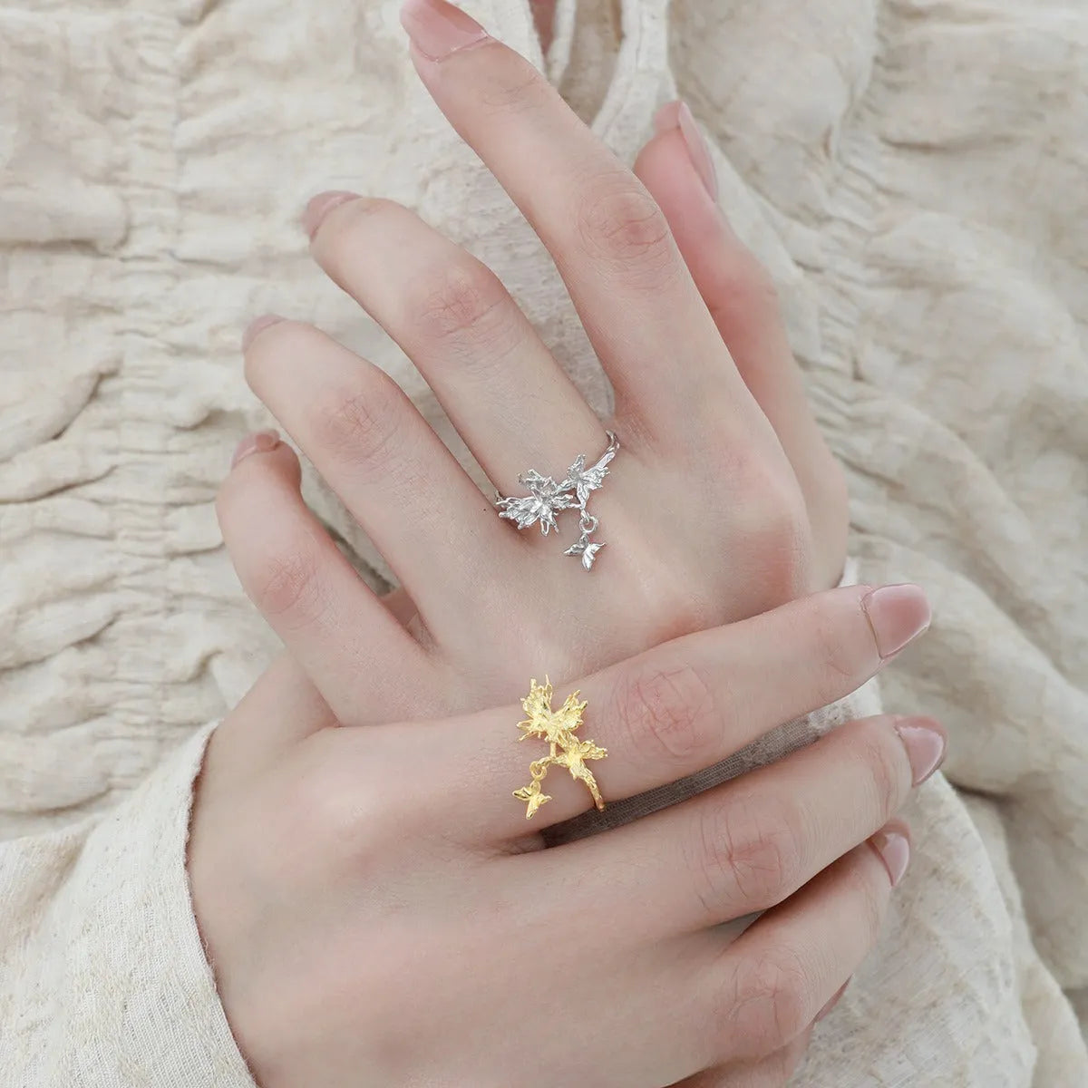 Adjustable silver butterfly ring for women in white gold or 18K gold colour finish.