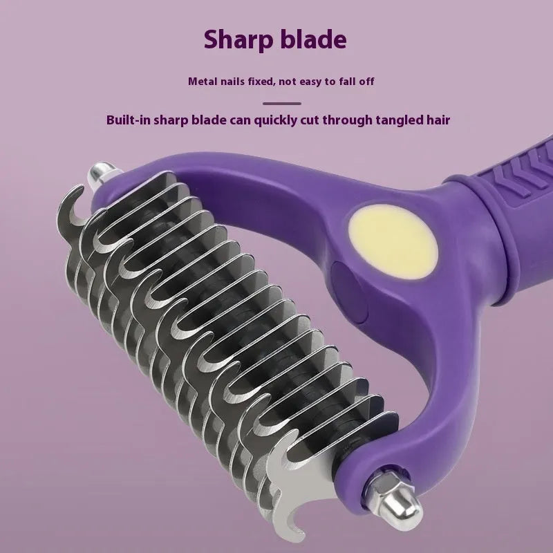 Purple plastic double-sided pet comb with fine and wide teeth for knot removal