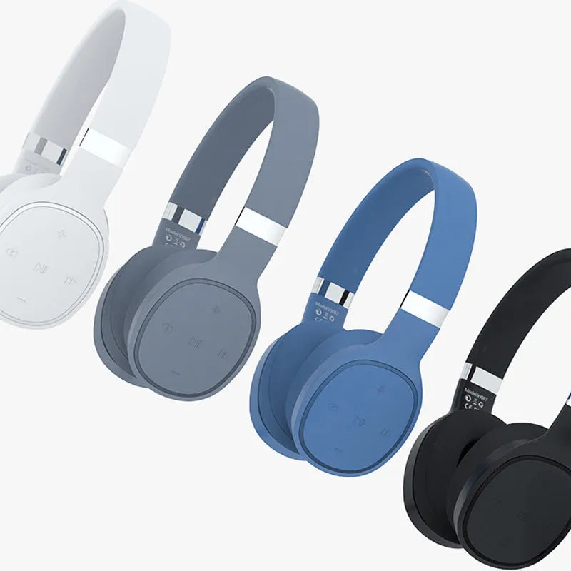 Folding wireless sports headset in four colour options showing Bluetooth connectivity and compact design