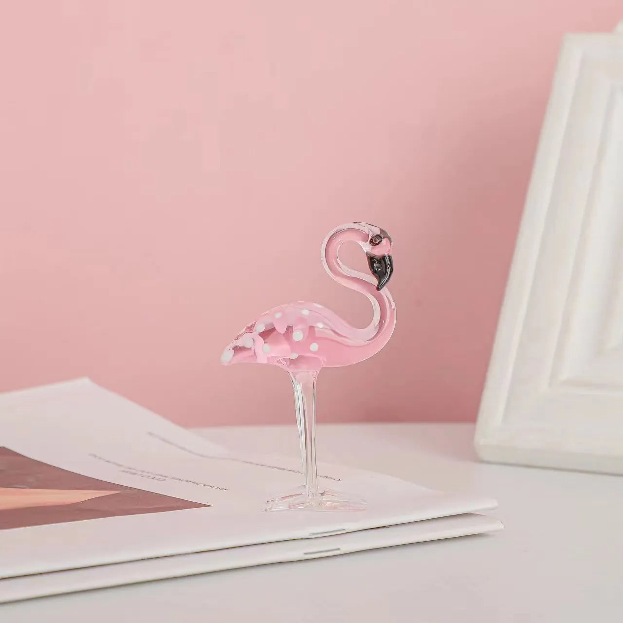 White crystal flamingo decorative ornament with pink dots in modern simplicity style for tabletop display