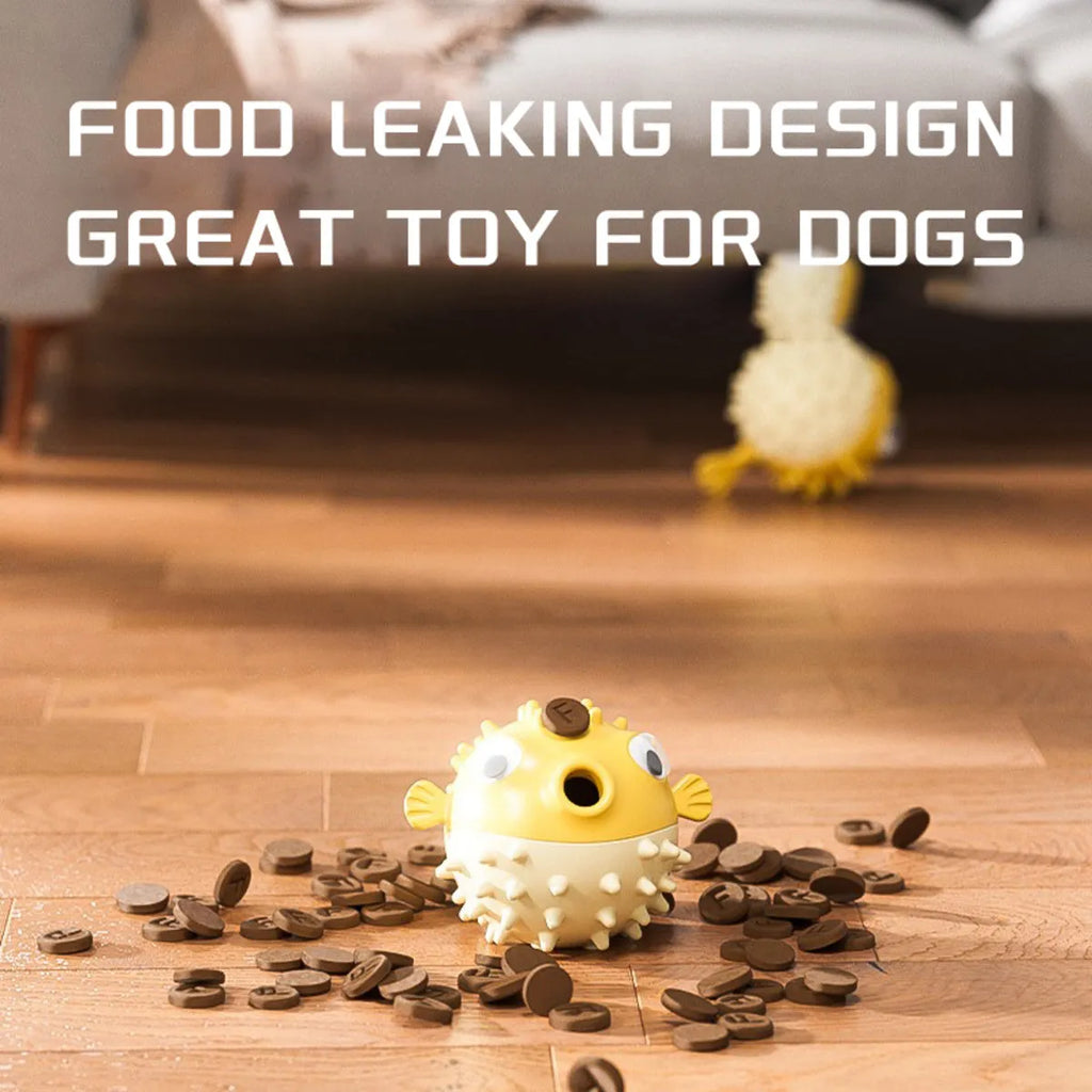 Yellow fish-shaped vinyl dog chew toy with textured surface and squeaker for aggressive chewing dogs