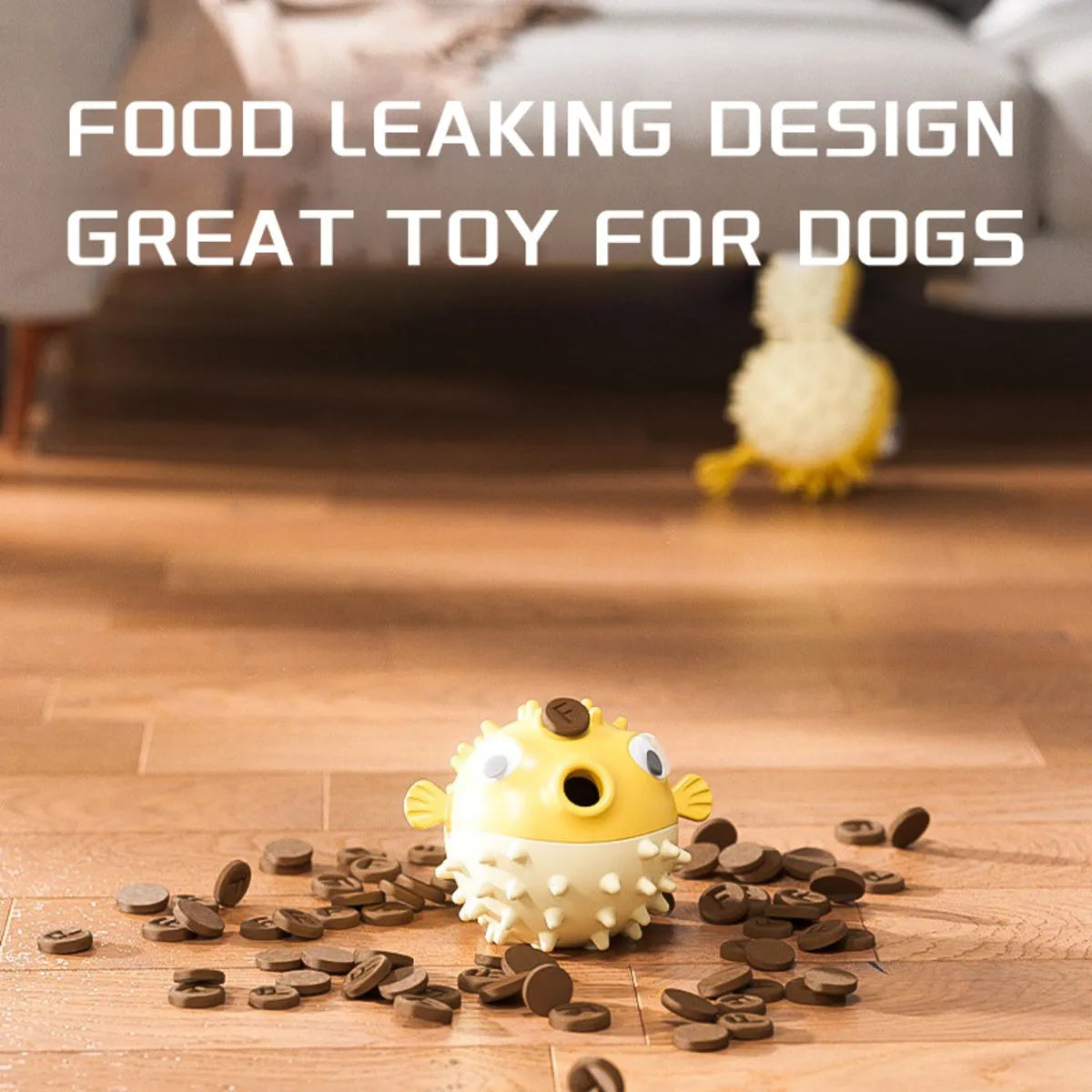 Yellow fish-shaped vinyl dog chew toy with textured surface and squeaker for aggressive chewing dogs