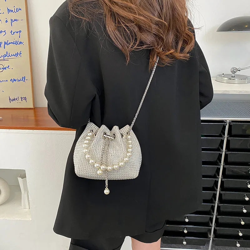 Light diamond western style chain crossbody shoulder bag in soft PU bucket design