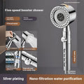 Silver portable shower head with chrome-plated plastic construction and multiple spray functions